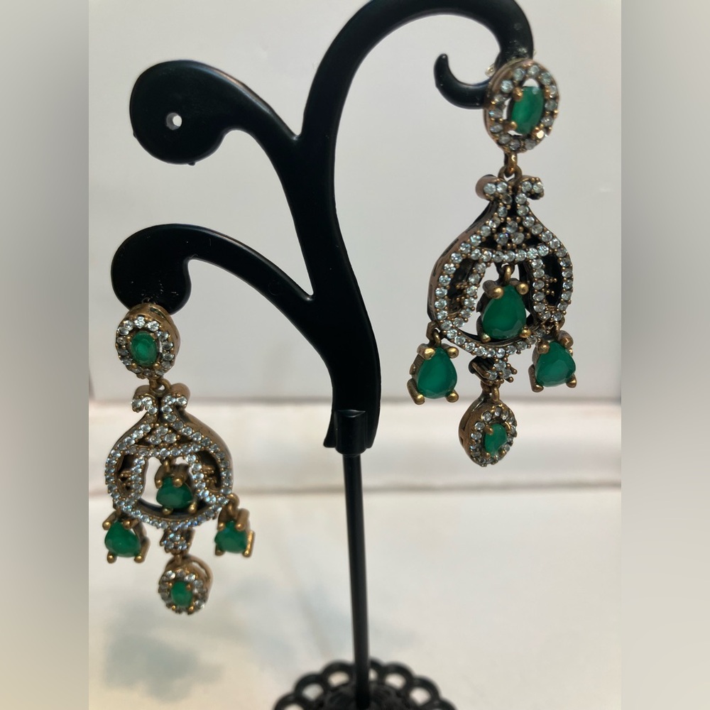 Turkish Emerald Jade Silver Antique Ottoman Earrings